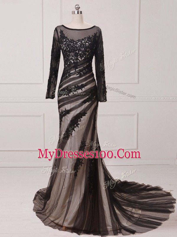 Black Mother Of The Bride Dress Prom and Military Ball with Lace and Appliques Scoop Long Sleeves Brush Train Zipper