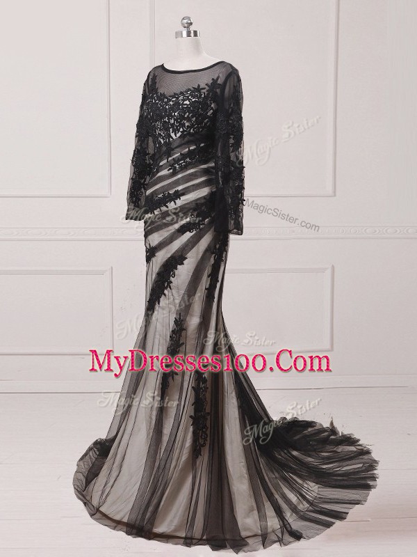 Black Mother Of The Bride Dress Prom and Military Ball with Lace and Appliques Scoop Long Sleeves Brush Train Zipper