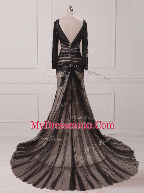 Black Mother Of The Bride Dress Prom and Military Ball with Lace and Appliques Scoop Long Sleeves Brush Train Zipper