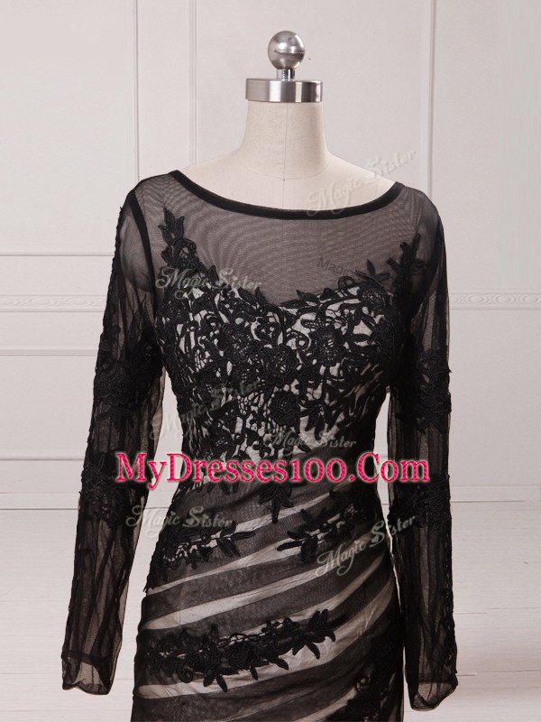 Black Mother Of The Bride Dress Prom and Military Ball with Lace and Appliques Scoop Long Sleeves Brush Train Zipper