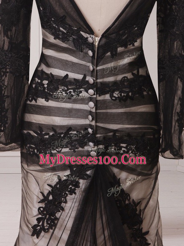Black Mother Of The Bride Dress Prom and Military Ball with Lace and Appliques Scoop Long Sleeves Brush Train Zipper