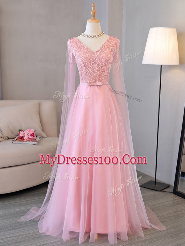 Baby Pink Lace Up V-neck Beading Prom Evening Gown Tulle Long Sleeves