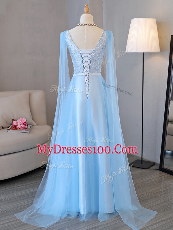 Baby Pink Lace Up V-neck Beading Prom Evening Gown Tulle Long Sleeves