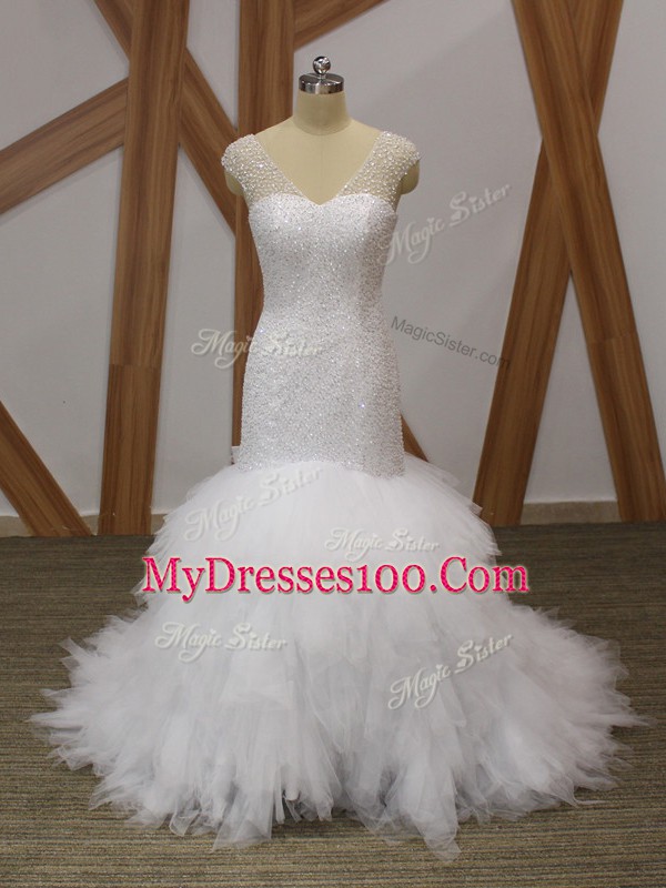 Beautiful Mermaid Sleeveless White Wedding Dress Brush Train Lace Up