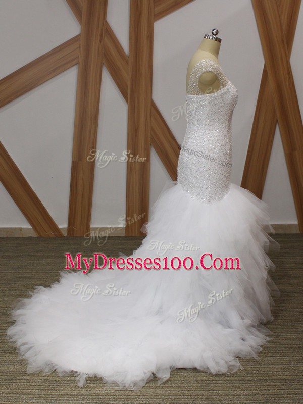 Beautiful Mermaid Sleeveless White Wedding Dress Brush Train Lace Up