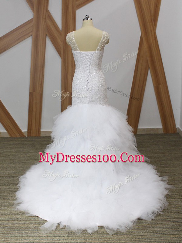 Beautiful Mermaid Sleeveless White Wedding Dress Brush Train Lace Up