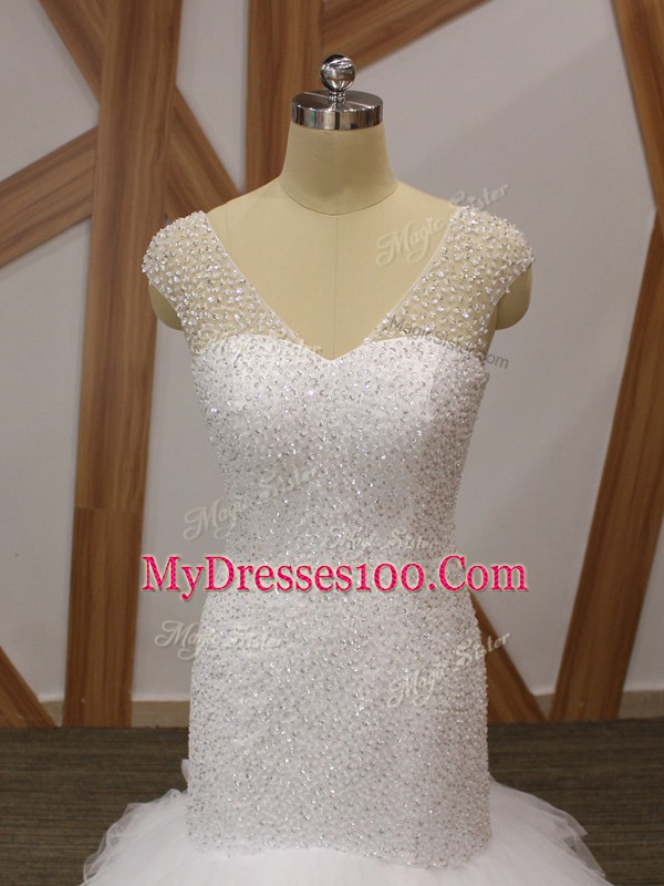 Beautiful Mermaid Sleeveless White Wedding Dress Brush Train Lace Up