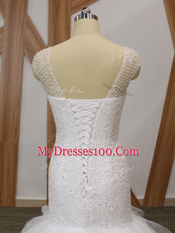 Beautiful Mermaid Sleeveless White Wedding Dress Brush Train Lace Up