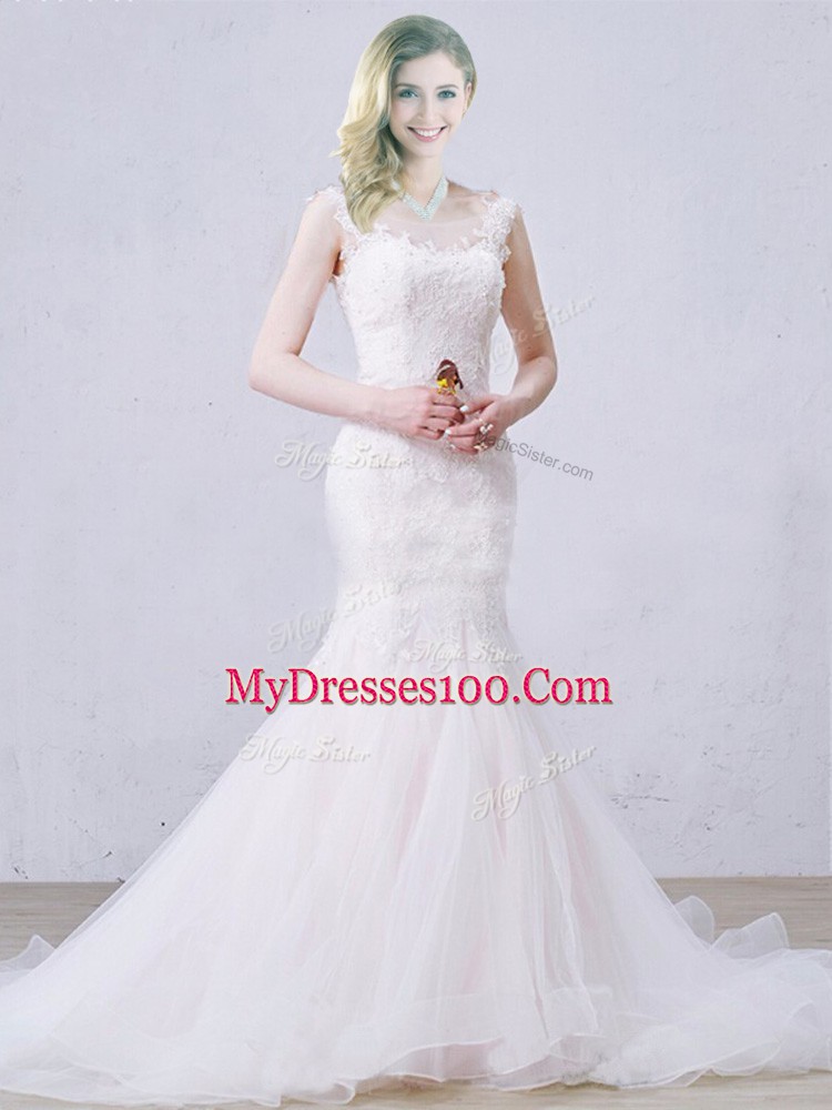 Scoop Sleeveless Brush Train Lace Up Bridal Gown White Tulle