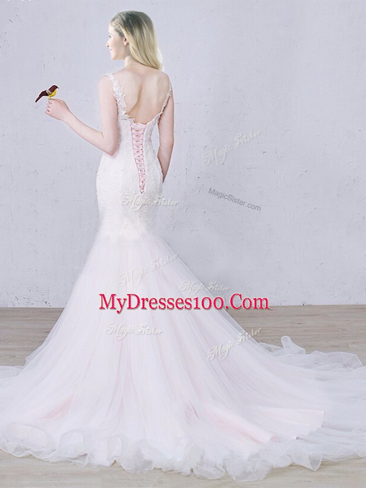 Scoop Sleeveless Brush Train Lace Up Bridal Gown White Tulle