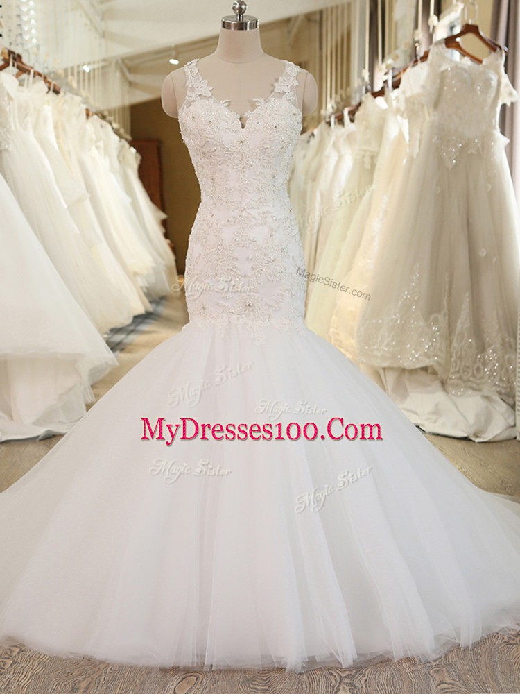 On Sale V-neck Sleeveless Chapel Train Clasp Handle Bridal Gown White Tulle