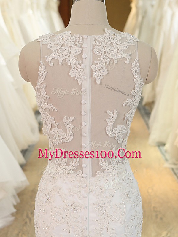 On Sale V-neck Sleeveless Chapel Train Clasp Handle Bridal Gown White Tulle