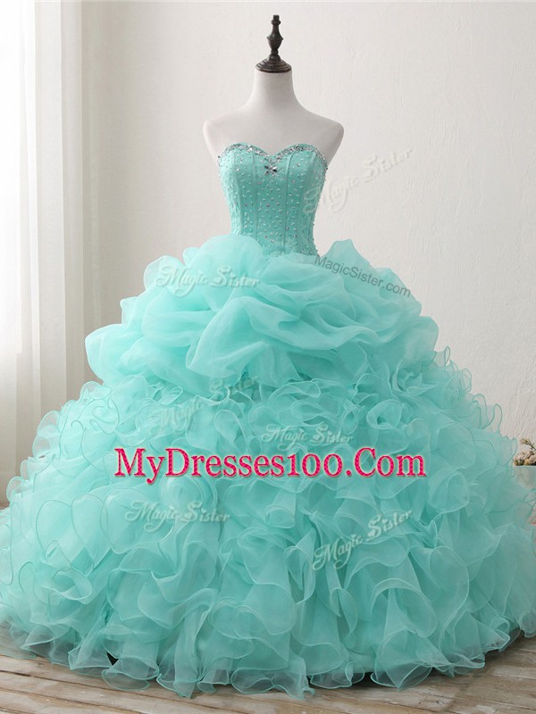 Sweetheart Sleeveless Sweet 16 Quinceanera Dress Floor Length Beading and Ruffles and Pick Ups Apple Green Organza