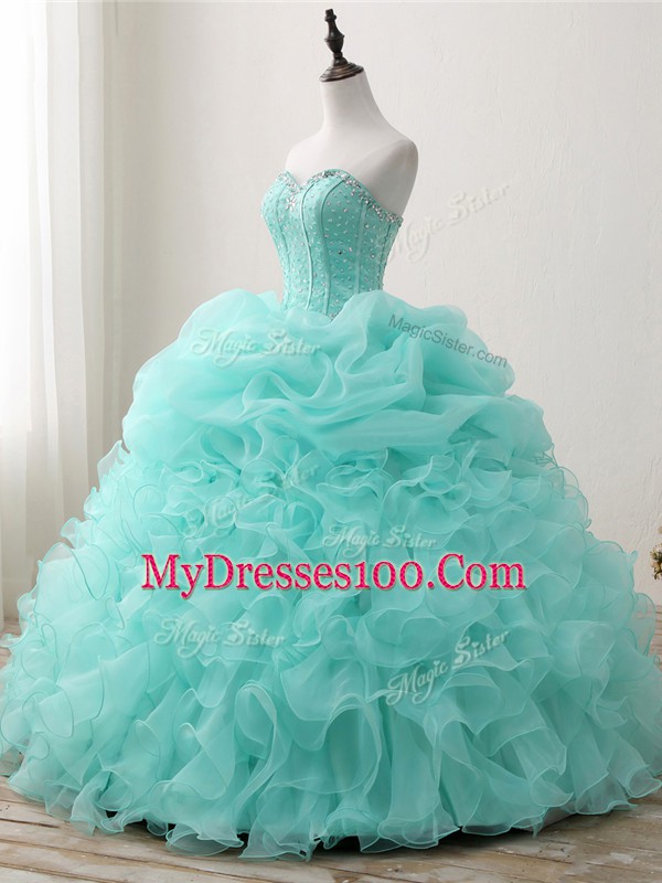 Sweetheart Sleeveless Sweet 16 Quinceanera Dress Floor Length Beading and Ruffles and Pick Ups Apple Green Organza