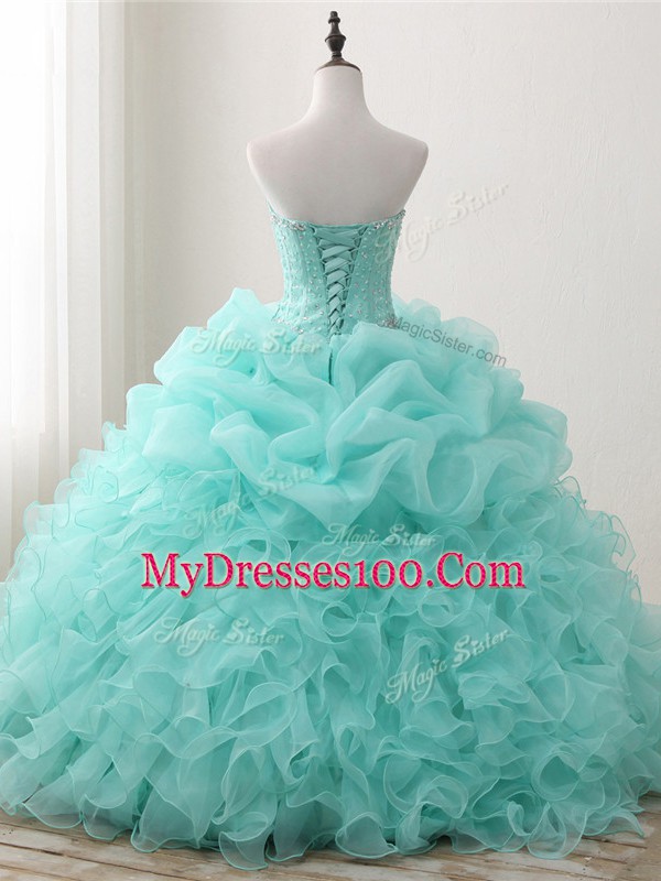 Sweetheart Sleeveless Sweet 16 Quinceanera Dress Floor Length Beading and Ruffles and Pick Ups Apple Green Organza