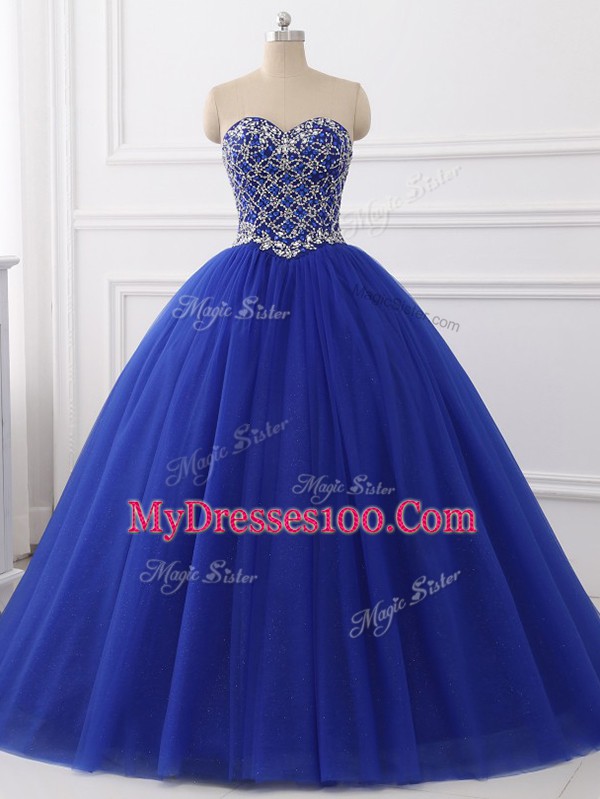 Attractive Royal Blue Ball Gowns Beading Ball Gown Prom Dress Lace Up Tulle Sleeveless Floor Length