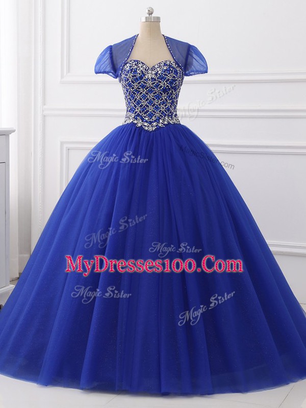 Attractive Royal Blue Ball Gowns Beading Ball Gown Prom Dress Lace Up Tulle Sleeveless Floor Length
