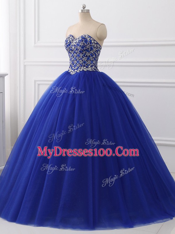 Attractive Royal Blue Ball Gowns Beading Ball Gown Prom Dress Lace Up Tulle Sleeveless Floor Length