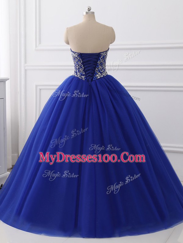 Attractive Royal Blue Ball Gowns Beading Ball Gown Prom Dress Lace Up Tulle Sleeveless Floor Length
