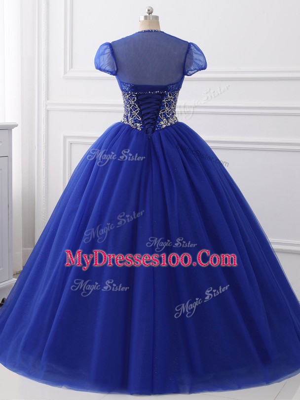 Attractive Royal Blue Ball Gowns Beading Ball Gown Prom Dress Lace Up Tulle Sleeveless Floor Length