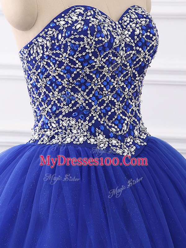 Attractive Royal Blue Ball Gowns Beading Ball Gown Prom Dress Lace Up Tulle Sleeveless Floor Length