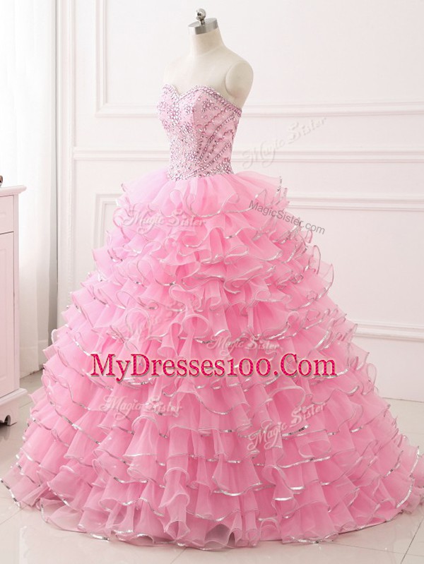 Beading and Ruffled Layers Vestidos de Quinceanera Baby Pink Lace Up Sleeveless Sweep Train