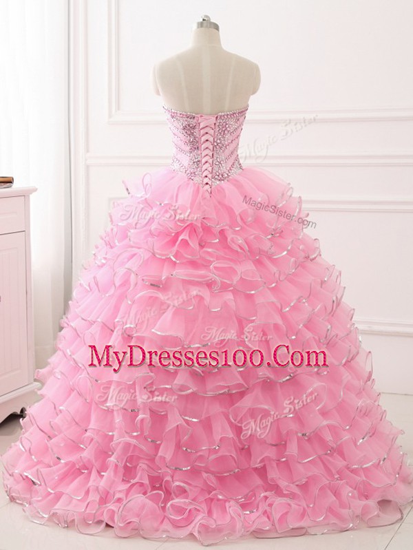 Beading and Ruffled Layers Vestidos de Quinceanera Baby Pink Lace Up Sleeveless Sweep Train