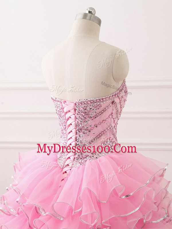 Beading and Ruffled Layers Vestidos de Quinceanera Baby Pink Lace Up Sleeveless Sweep Train