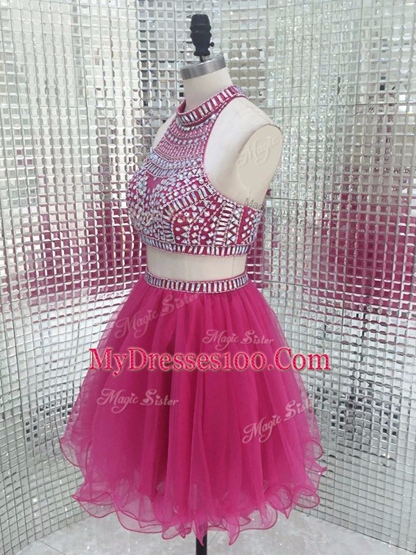 Custom Design Fuchsia Tulle Backless High-neck Sleeveless Mini Length Cocktail Dresses Beading