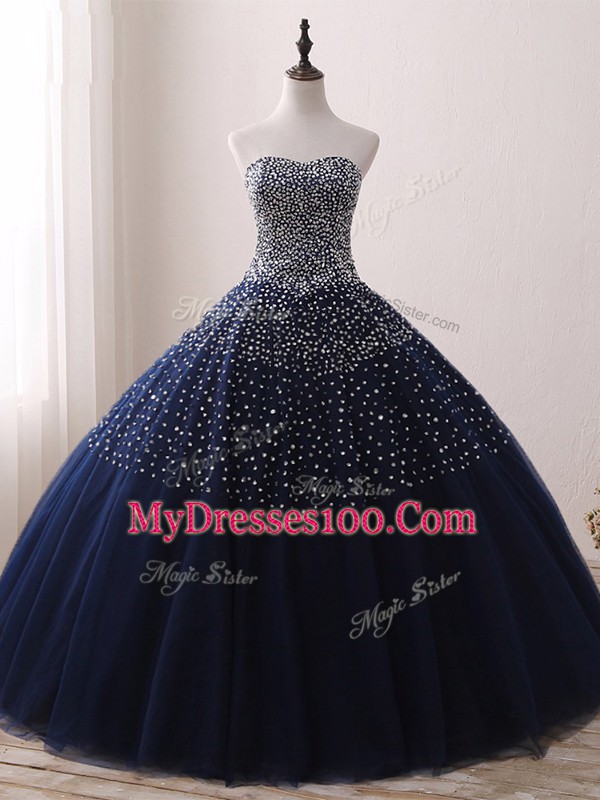 Sweetheart Sleeveless Ball Gown Prom Dress Floor Length Beading Navy Blue Tulle