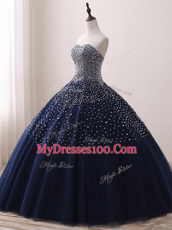 Sweetheart Sleeveless Ball Gown Prom Dress Floor Length Beading Navy Blue Tulle