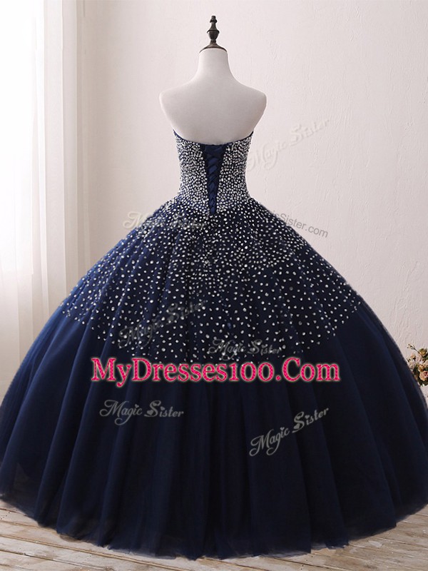 Sweetheart Sleeveless Ball Gown Prom Dress Floor Length Beading Navy Blue Tulle