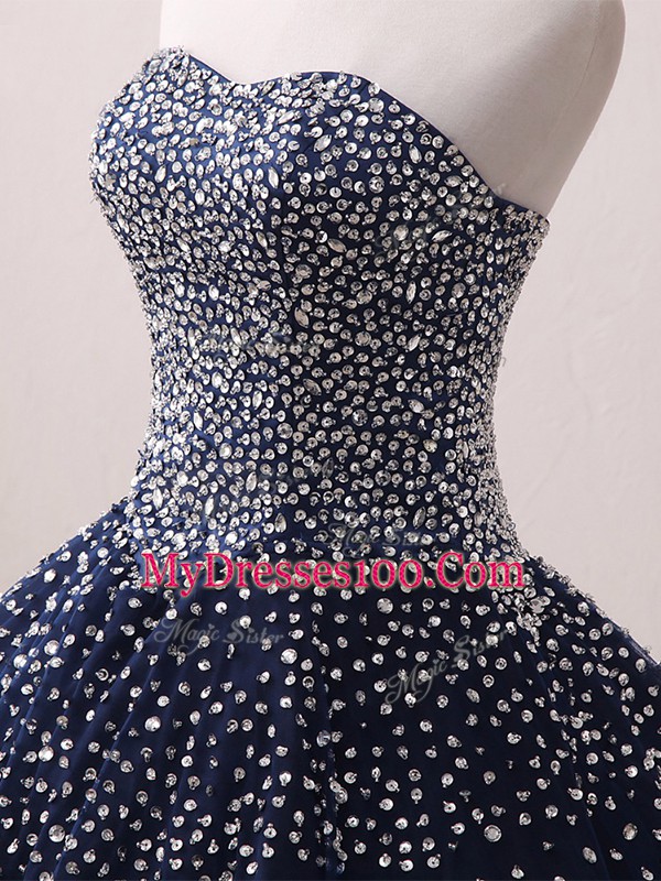 Sweetheart Sleeveless Ball Gown Prom Dress Floor Length Beading Navy Blue Tulle