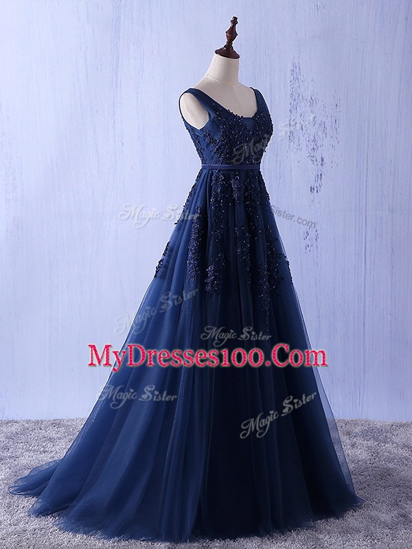 Navy Blue Sleeveless Tulle Lace Up Prom Gown for Prom and Party