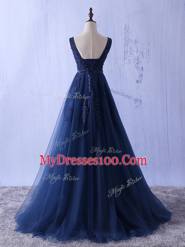 Navy Blue Sleeveless Tulle Lace Up Prom Gown for Prom and Party