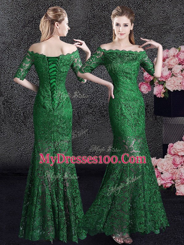 Ideal Mermaid Off the Shoulder Green Lace Up Mother Of The Bride Dress Lace Half Sleeves Floor Length