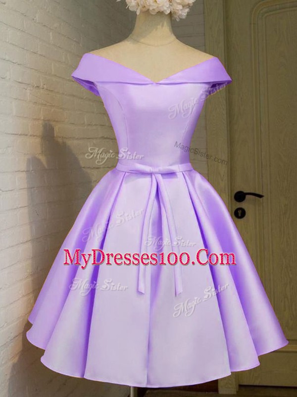 Graceful Lavender Quinceanera Court of Honor Dress Prom and Party and Wedding Party with Belt Off The Shoulder Cap Sleeves Lace Up