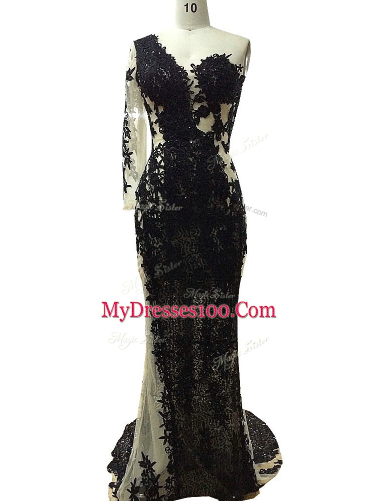 Fitting Black Long Sleeves Beading and Appliques Floor Length Prom Evening Gown