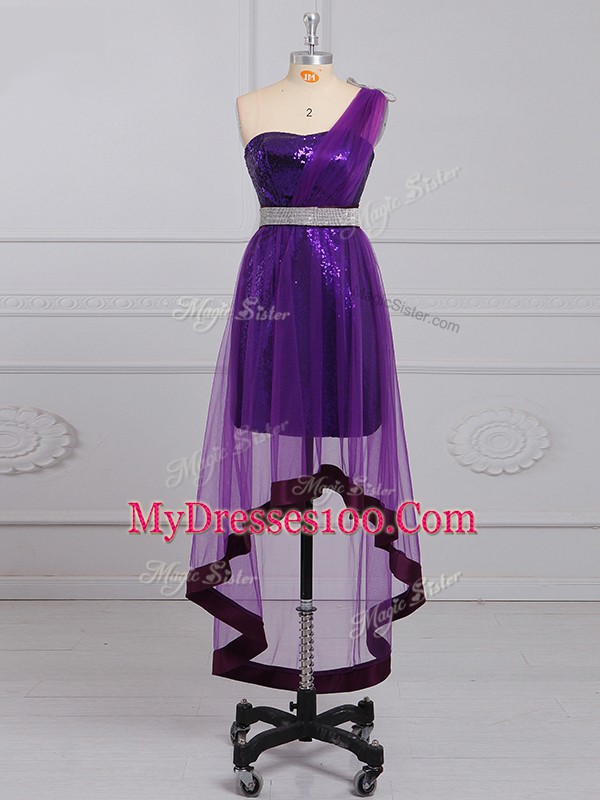 Sumptuous Purple One Shoulder Zipper Beading Prom Dresses Sleeveless
