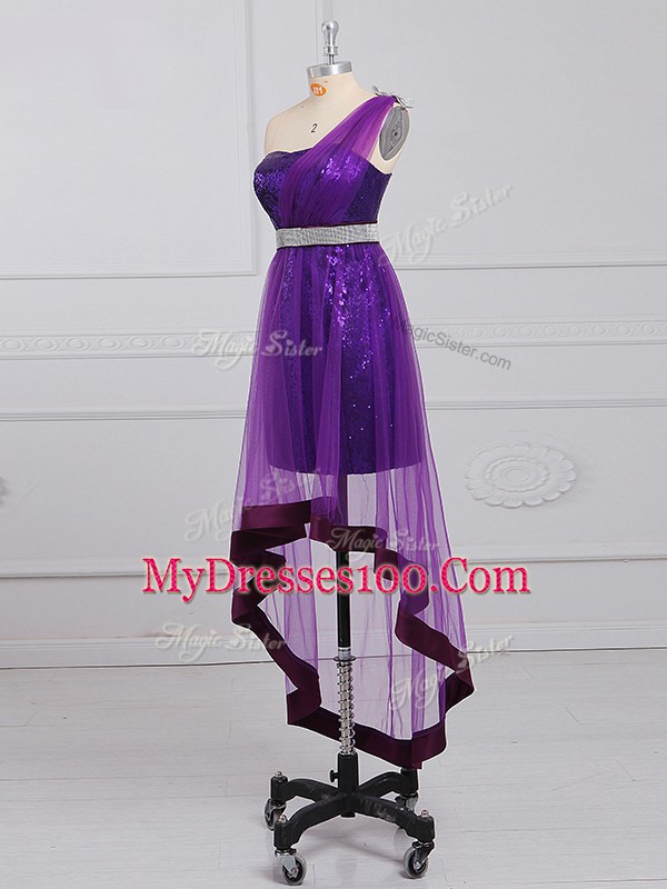 Sumptuous Purple One Shoulder Zipper Beading Prom Dresses Sleeveless
