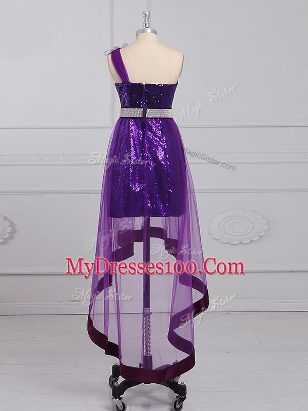 Sumptuous Purple One Shoulder Zipper Beading Prom Dresses Sleeveless