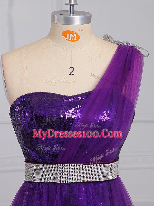 Sumptuous Purple One Shoulder Zipper Beading Prom Dresses Sleeveless