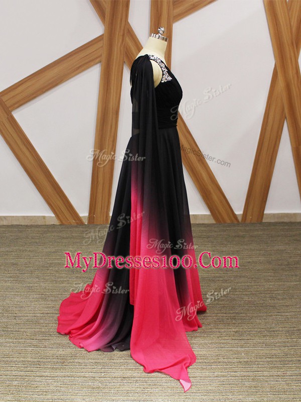 Unique Chiffon One Shoulder Sleeveless Brush Train Criss Cross Beading and Ruching Evening Dress in Multi-color