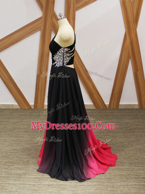 Unique Chiffon One Shoulder Sleeveless Brush Train Criss Cross Beading and Ruching Evening Dress in Multi-color