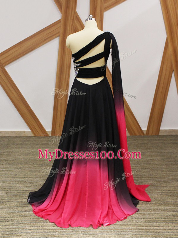 Unique Chiffon One Shoulder Sleeveless Brush Train Criss Cross Beading and Ruching Evening Dress in Multi-color