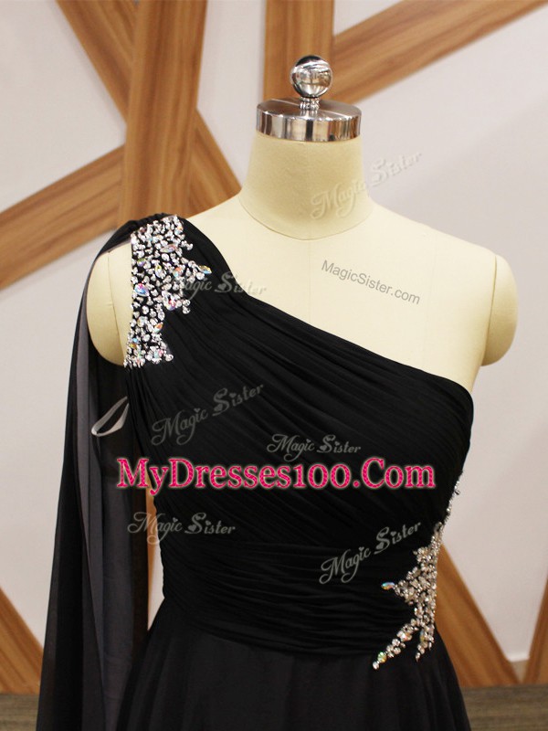 Unique Chiffon One Shoulder Sleeveless Brush Train Criss Cross Beading and Ruching Evening Dress in Multi-color
