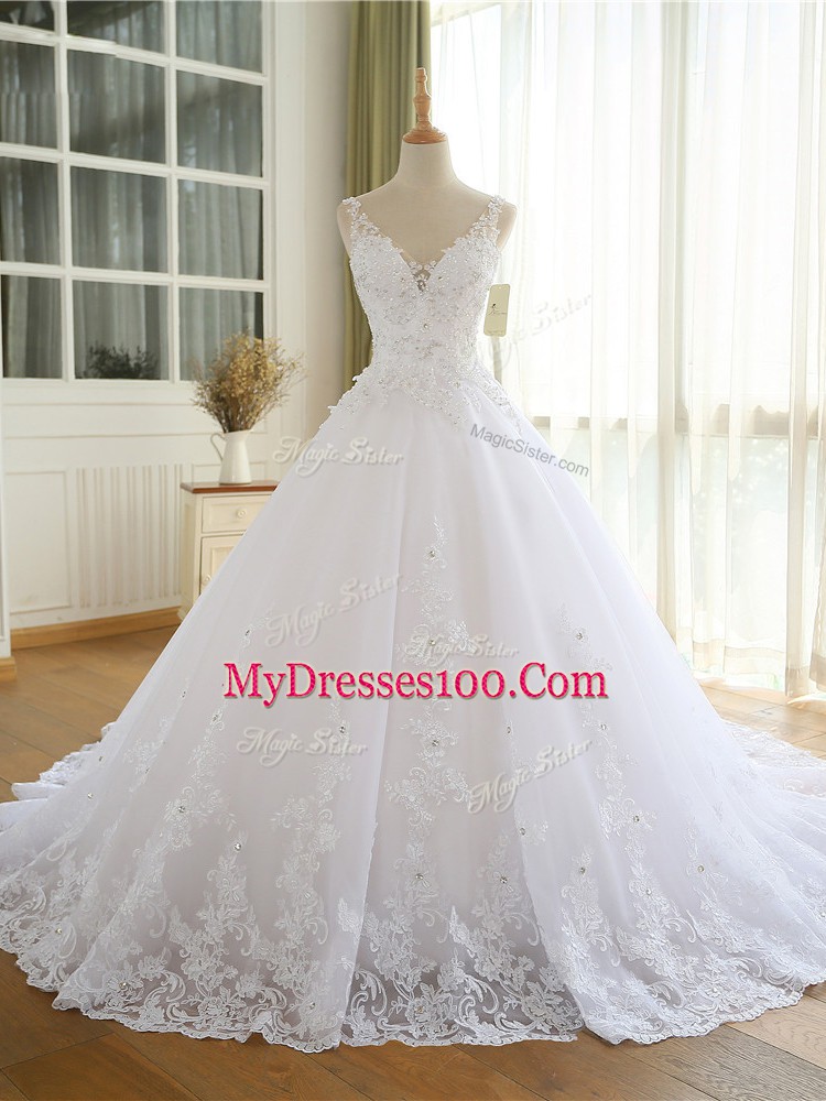 Dynamic V-neck Sleeveless Wedding Gown Lace and Appliques White Organza