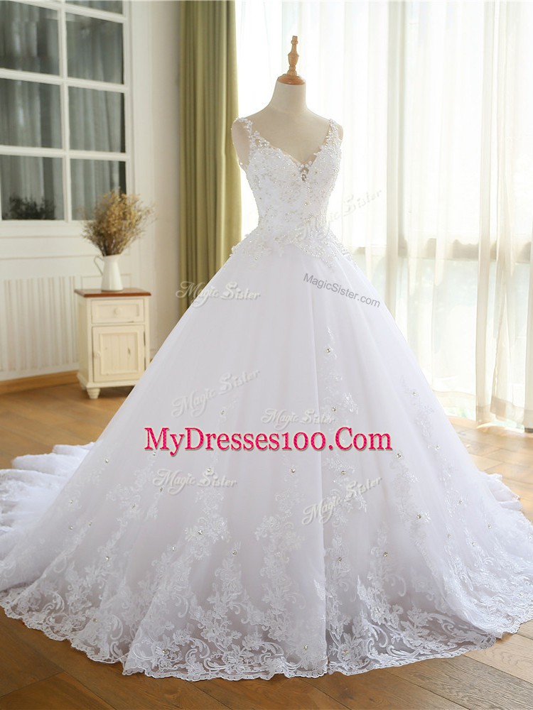 Dynamic V-neck Sleeveless Wedding Gown Lace and Appliques White Organza