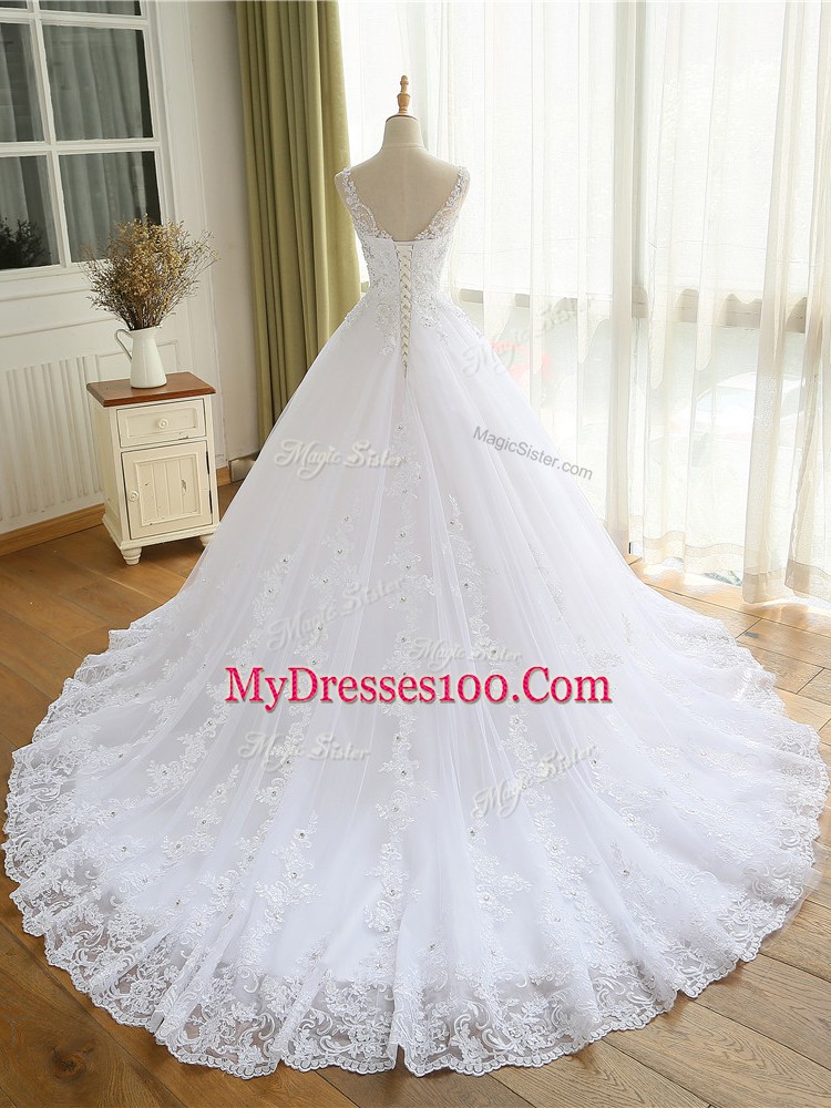 Dynamic V-neck Sleeveless Wedding Gown Lace and Appliques White Organza