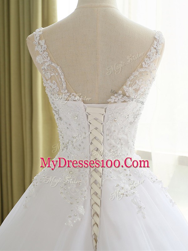 Dynamic V-neck Sleeveless Wedding Gown Lace and Appliques White Organza